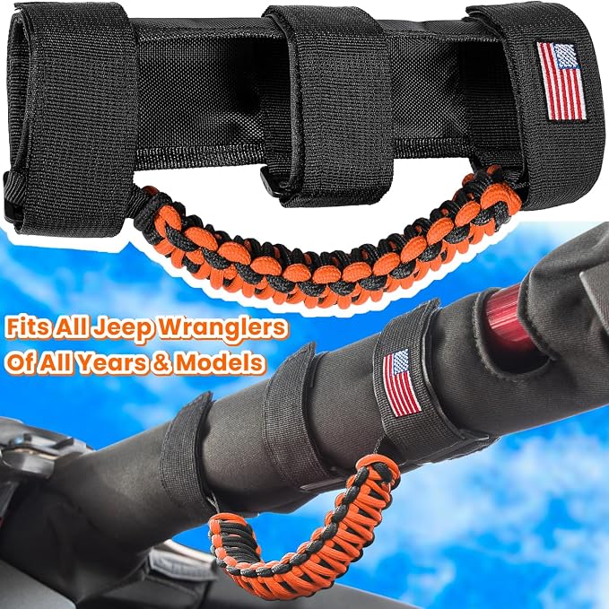 4 x Roll Bar Grab Handles Grip Handle for Jeep Wrangler JK JKU JL JLU TJ YJ Sport Sahara Freedom Rubicon Unlimited Gladiator JT 1955-2023 UTV ATV Premium Paracord Interior Accessories US Flag (Orange)