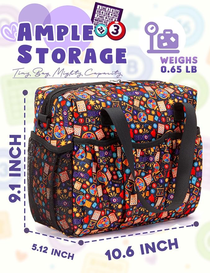 Bingo Bag with Pockets for Daubers Dabbers Bolsa Negra para Juego Black | Organizador portátil; holds dabbers, cards, tickets, chips and lucky charms for casino nights