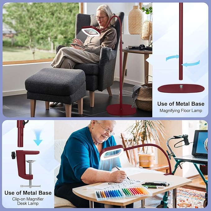 Drdefi 10X Rectangular Real Glass Magnifying Glass with Light and Stand, 24" Flexible Gooseneck Floor Lamp, 5 Color Modes Stepless Dimmable, 3-in-1 Lighted Magnifier Light Hands Free for Reading Red