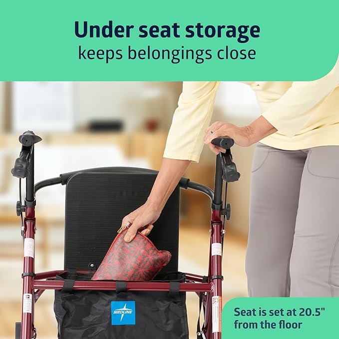 Medline Steel Rollator Walker with Seat, Burgundy, 350 lb. Weight Capacity, 6” Wheels, Foldable, Height Adjustable Handles, Rolling Walker for Seniors, Walker for Mobility Impaired