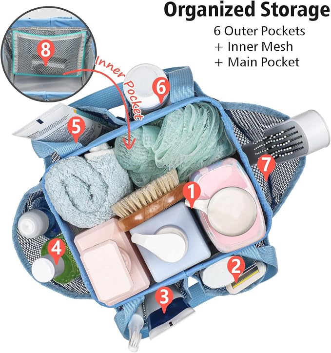F-color Mesh Shower Caddy Portable - Stand Up 8 Pockets for Dorm, Blue | Stand Up Frame, S Hook, Collapsible Organizer, Mesh Shower Bag Bathroom Tote for College Dorm, Camping, Gym, Travel