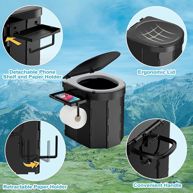 Portable Camping Toilet, Foldable Toilet for Adults with Detachable Phone Shelf and Toilet Paper Holder, Waterproof Porta Potty with Lid for Camping, Hiking, RV Travel, Road Trips