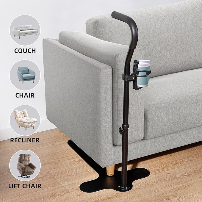 Black Alloy Steel Adjustable Height Chair Lift Assist with Cup Holder, Prevents Falls, 350 lbs Capacity, 5 Position Height Adjustability, Ideal for Elderly, Disabled, Handicap