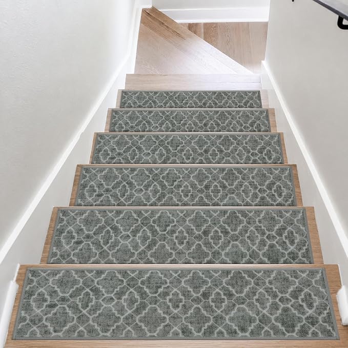 COSY HOMEER Stair Treads for Wooden Steps Indoor with TPE Backing,15Pcs | Non-Slip Carpet Stair Treads, Soft Peel and Stick Stair Runners,Pet-Friendly Stair Runner Washable Reusable,Fern Gray