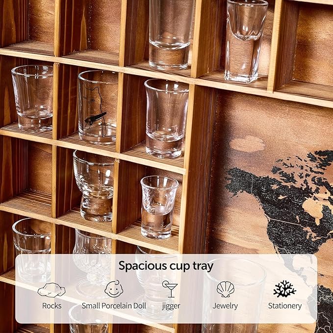 Large Shot Glass Display Case with World Map,60 Slots, 34 X 26 Inch Rustic Wood Shot Glass Display Cabinet for 2 Size -In Rooms Bars Wine Cellars with Shot Glasses Jewelry Shell & Keepsakes