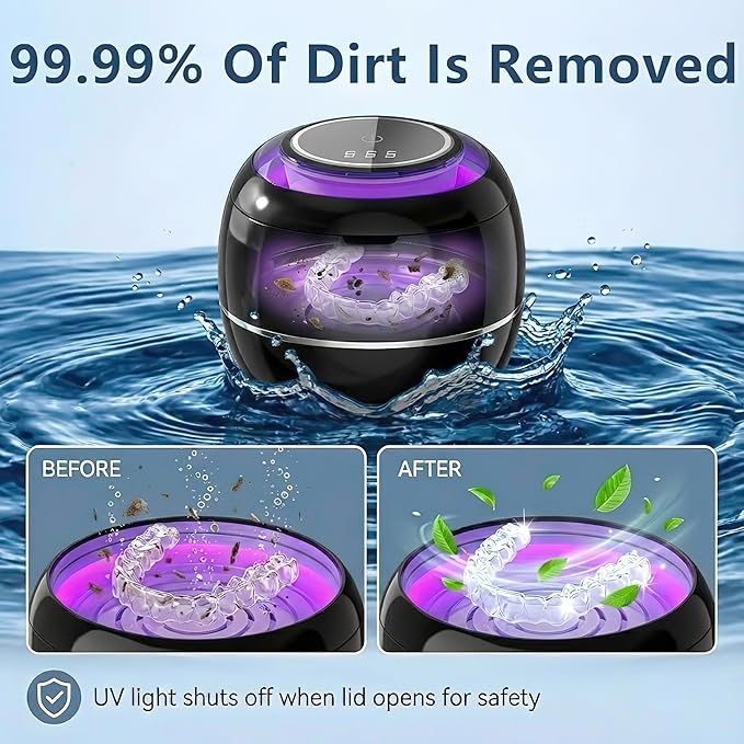 Ultrasonic Retainer Cleaner Machine, Black, 42KHZ Dental Cleaning Pod For Denture, Toothbrush Heads,Jewelry, Braces, Digital Timer with 2 Modes, 180ML,304 stainless steel inner liner