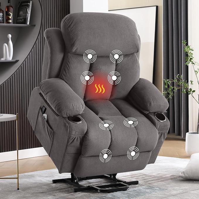 MAHOMICO Power Lift Recliner Chair for Elderly with Vibration Massage and Lumbar Heating,Electric Lift Recliner Single Sofa with Side Pocket,Two Cup Holders and USB Charge Port for Living Room