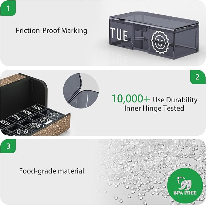 Aesthetic Pill Organizer 7 Day AM PM, Discreet 2 Times a Day Weekly Pill Box with Double Protection Shell, Large Capacity Portable Vitamin Case for Travel Meds & Medicine Organizer (Silver)