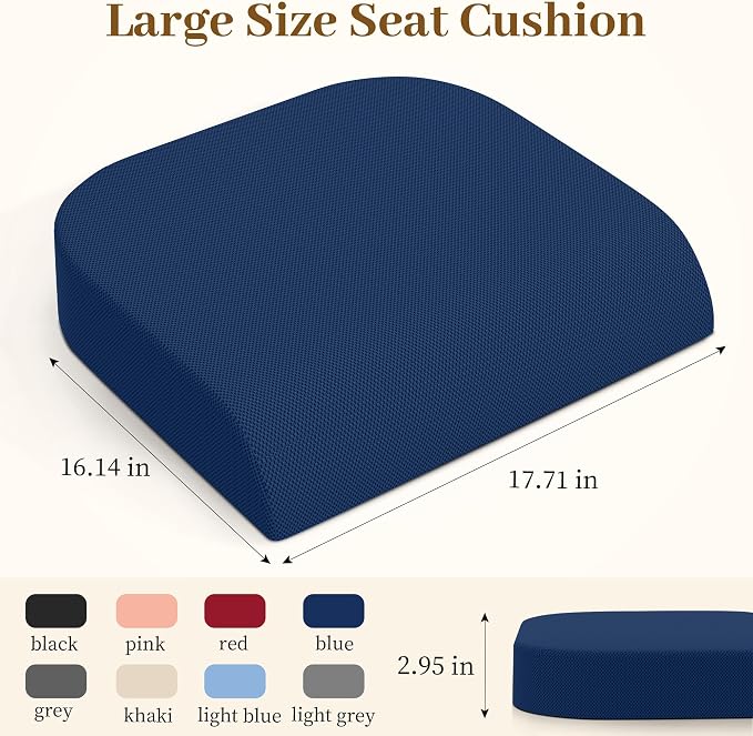 TranquilRelax Memory Foam Seat Cushion for Office Chair, 3-Inch, Blue | Medium-firm Support for Long Sitting, Washable Mesh Cover, Non-slip Base, Perfect for Car Seats & Short Drivers