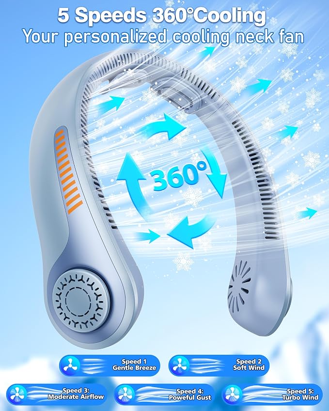Portable Neck Fan - Rechargeable Personal Fan with Neck Support, 5000mAh, 5-Speed Quiet, Lightweight Long Lasting Bladeless Fan, Wearable Cooling Fan for Hot Flashes, Travel, Gifts for Men Women