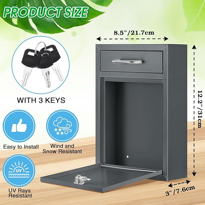 Yaocom Locking Mailbox with Key for Outdoor 12.2 x 8.5 x 3 Inches Large Wall Mount Mail Box with Lock Security Mail Drop Metal Collection Boxes Hanging Secure Postbox(Dark Gray)