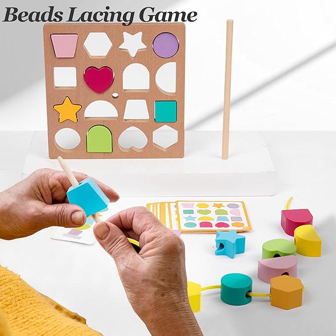 Activities for Dementia Patients, Memory Cognitive Games for Seniors, 3-in-1 Shape Matching Alzheimers Products for Elderly, Beads Sequencing Lacing Busy Box Board Gadgets Gifts