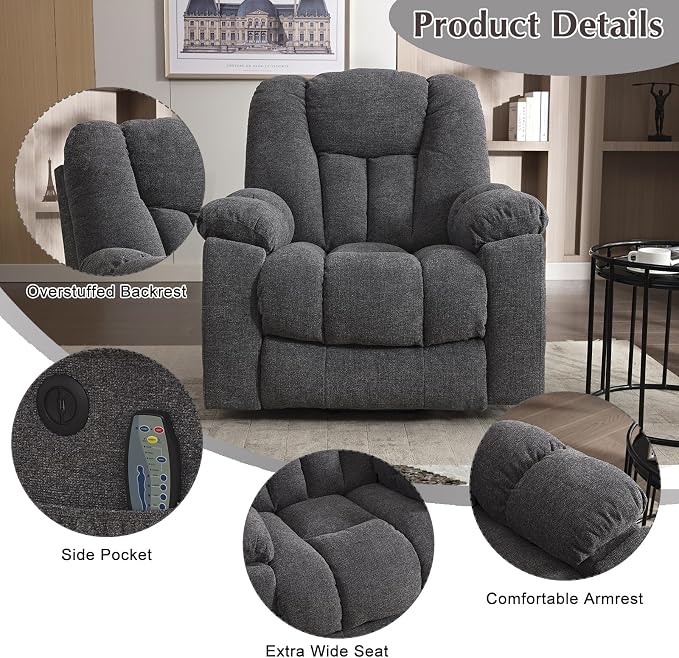 Power Lift Recliner Chair with Massage and Heat for Elderly, Overstuffed Wide Recliners, Heavy Duty and Safety Motion Reclining Mechanism with USB Ports, 2 Concealed Cup Holders, Smoke Gray