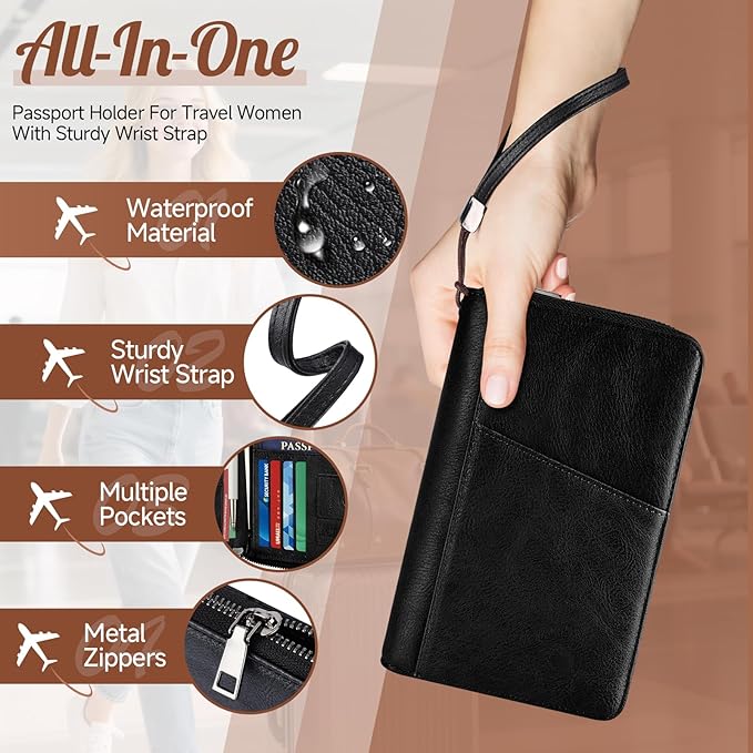 Likesing Family Passport Holder for 5, RFID Multiple Passport Holder(Black) | Leather RFID Blocking Travel Passport Wallet with Zipper, Travel Document Organizer with Wrist Strap Card Slots for Women Men