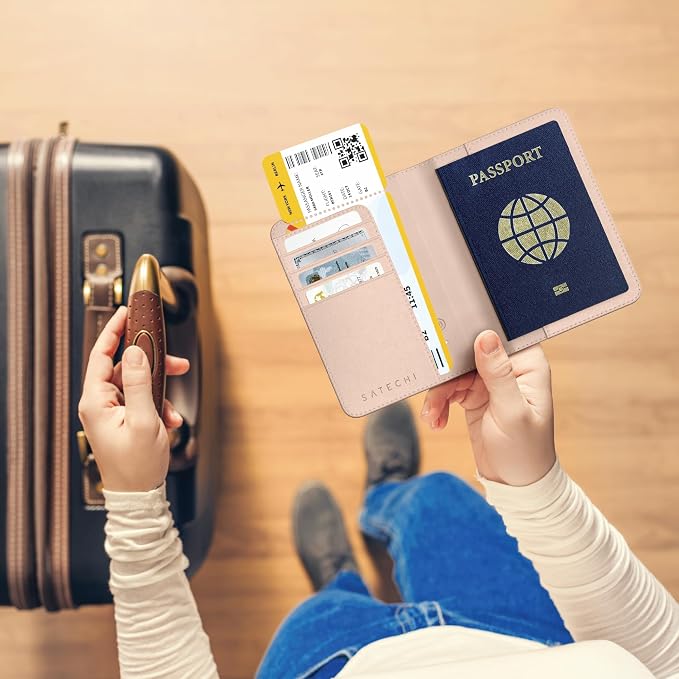 Satechi Passport Holder with Find My Tracking, Vegan Leather, Desert Rose | 4-slot card wallet, wireless charging, RFID protection, vegan leather