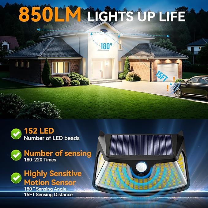 152LED Solar Motion Light Outdoor, 850LM Super Bright 3-Mode Motion Sensor Light, IP65 Waterproof, 270° Wide-Angle Security Light, Solar Powered Flood Lamp for Garden, Wall, Fence, and Garage (2 Pack)