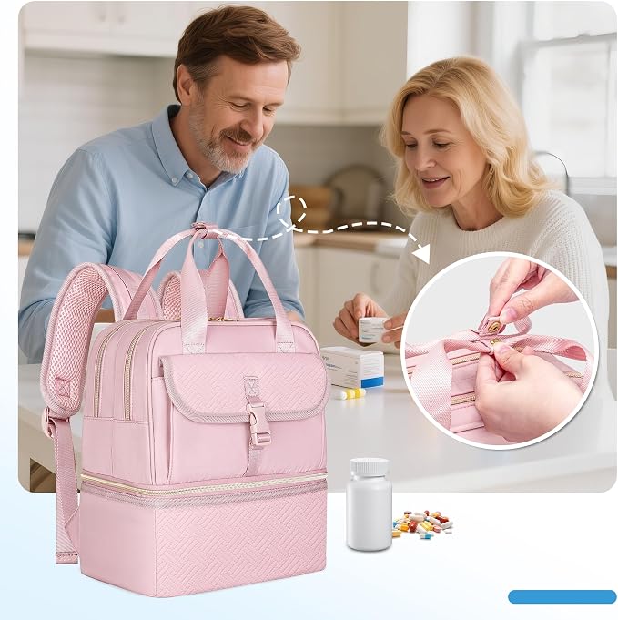 Fasrom Medicine Travel Bag, Pill Bottle Organizer w/Insulated Compartment | Double Layer Design with Waterproof Mat, Stores Vitamins & Medical Supplies, Travel, Home and Daily Medication Storage