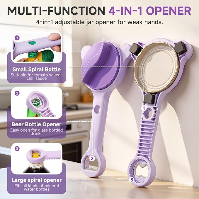 2026 Upgraded 4-in-1 Jar Opener - Adjustable Stainless Steel Lid Remover for Seniors & Arthritis Sufferers, Fits Kitchen Jars, Bottles & Cans Purple(2Pcs)
