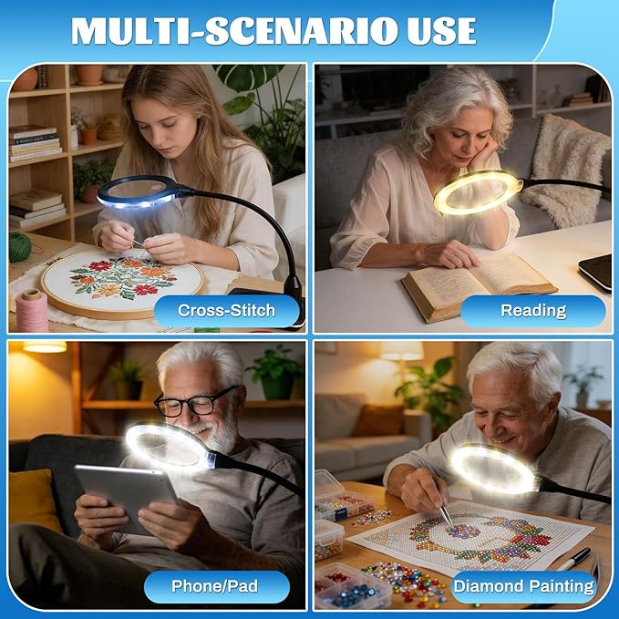 15X 30X Rechargeable Magnifying Glass with Light and Stand, 6 Color Adjustable dimming, Handheld Magnifying Desk lamp with LED Light, Suitable for Reading, Drawing, handicrafts and Detailed Work