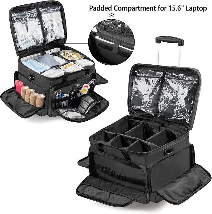 Trunab Rolling Medical Bag with Detachable Trolley, Nurse Responder Case | 15.6" laptop sleeve, Removable Dividers, Empty Bag for EMT/EMS/Doctors/Nurses