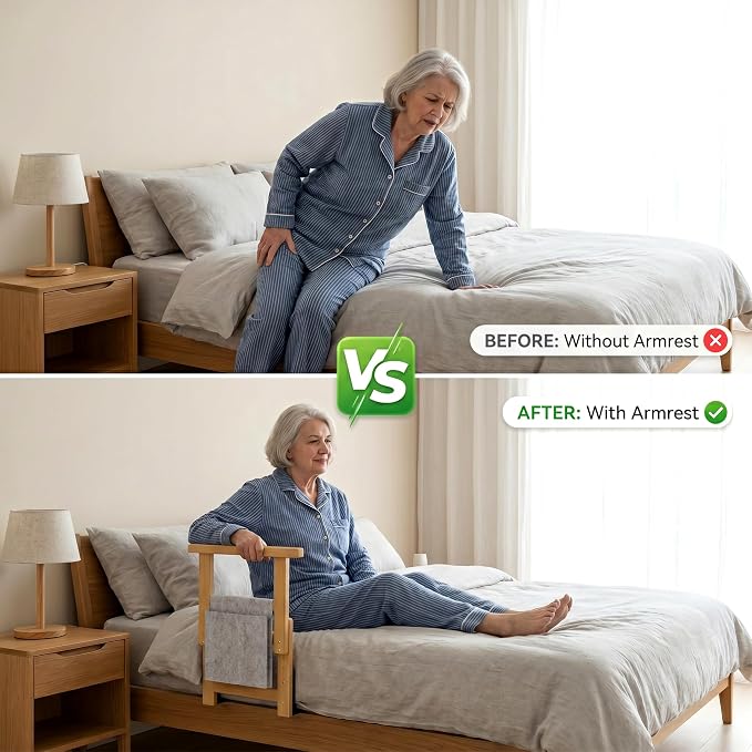 Bamboo Bed Assist Rail for Seniors Adjustable Grab Bar 300lbs Nature | Non-Slip Handle, Storage Pocket, Fits 4–12 inch Mattresses, Fits Twin, Full, Queen & King Beds