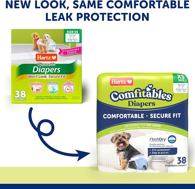 Hartz Comfitables Disposable Dog Diapers, Size XS, Comfortable & Secure Fit, Easy to Put On, Super Absorbent Male and Female Diaper, 38 Count (Pack of 8)