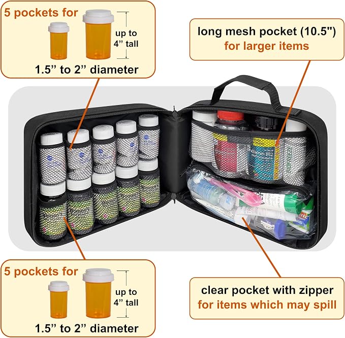 Large Medicine Organizer Bag – 10 Pocket Pill Bottle Organizer for Travel & Home Storage, Black