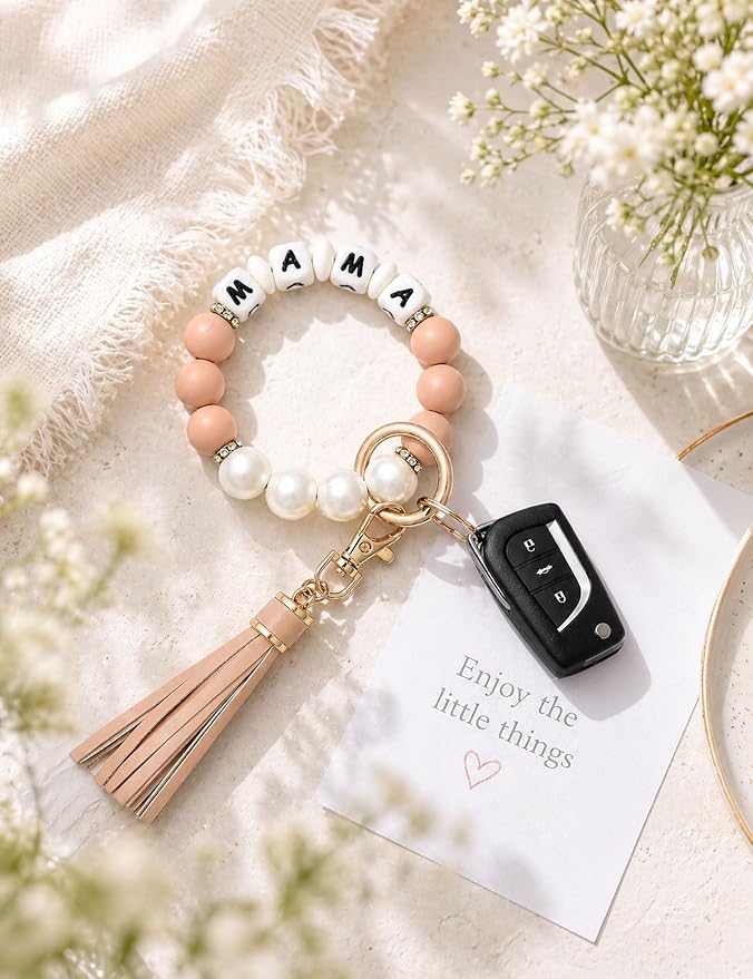 BAOSIWA Silicone Beaded Bracelet Keychain Wristlet Key Ring Bangle Chains for Women with Leather Tassel