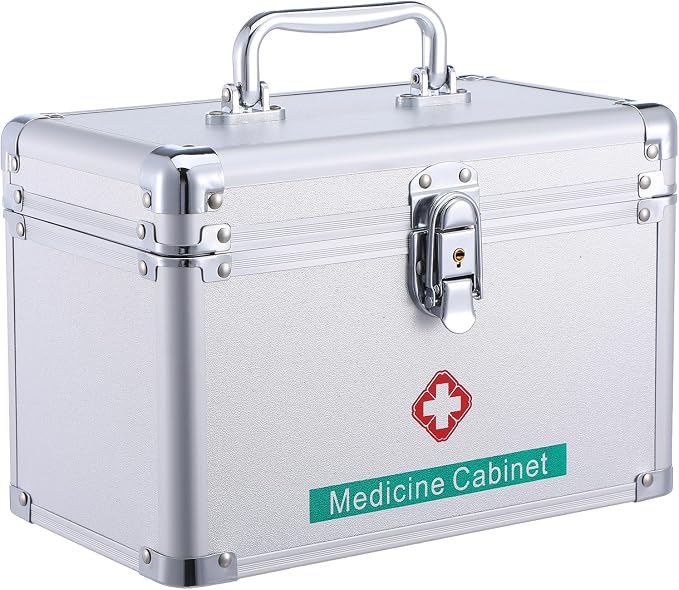 Medicine Lock Box with Keys, 10" x 6.7" x 5.7" First Aid Box, Handle Portable Medication Storage Lock Case, Small Medical Box Organizer Safe Layered Aluminum Daily Medicine Lockable Cabinet