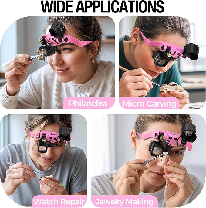 Rechargeable Magnifying Glass with Light 2X-23X,5 Pairs Lens Combos | Single Eye Observation,w/Storage Case, Switchable Headband Magnifier,Lightweight Handsfree for Close Work Watch Repair Crafts