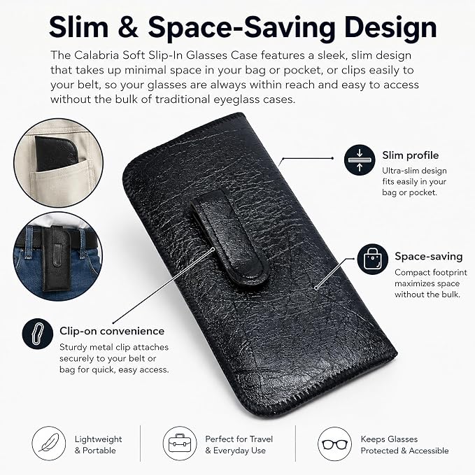 Calabria Soft Slip-In Glasses Case with Pocket Metal Clip Black for Men/Women Synthetic Leather Felt Lining 6.5"x3"