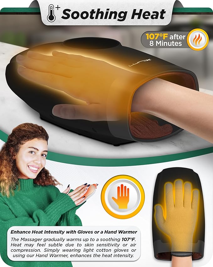 Lunix LX7 Electric Hand Massager with Compression, Pressure Point Therapy for Arthritis, Pain Relief and Carpal Tunnel, Shiatsu Massage Machine with Heat, with Hand Warmer, Black