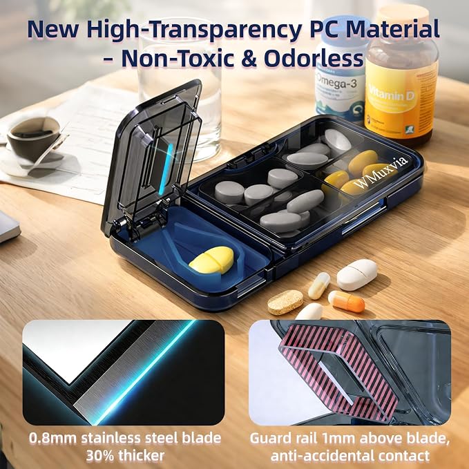 Pill Organizer with Pill Splitter Cutter, 4 Compartments Small Portable Medicine Case for Purse Pocket, Pill Vitamin Dispenser Holder, (Gray)