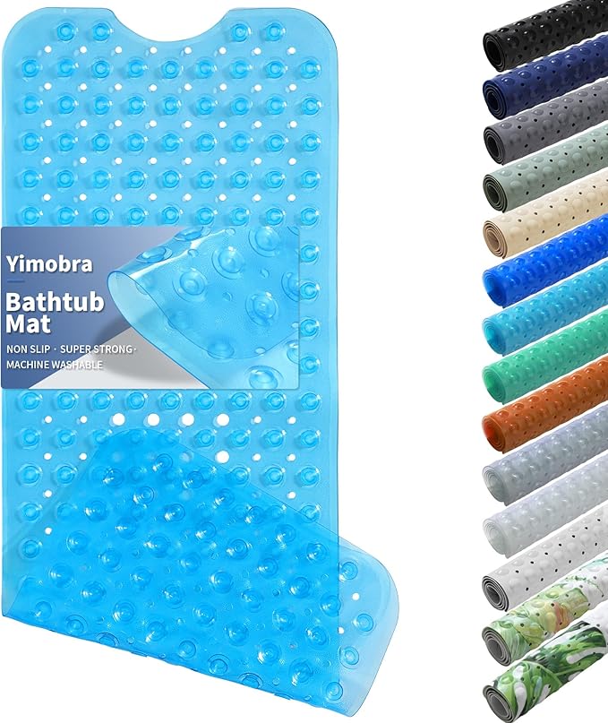 Yimobra Non Slip Bathtub Mat 40 x 16 Inch, Extra Long Shower Mat with Drain Holes, Machine Washable Baby Bath Mats, Strong Suction Cups for Bathroom Floor, Clear Blue