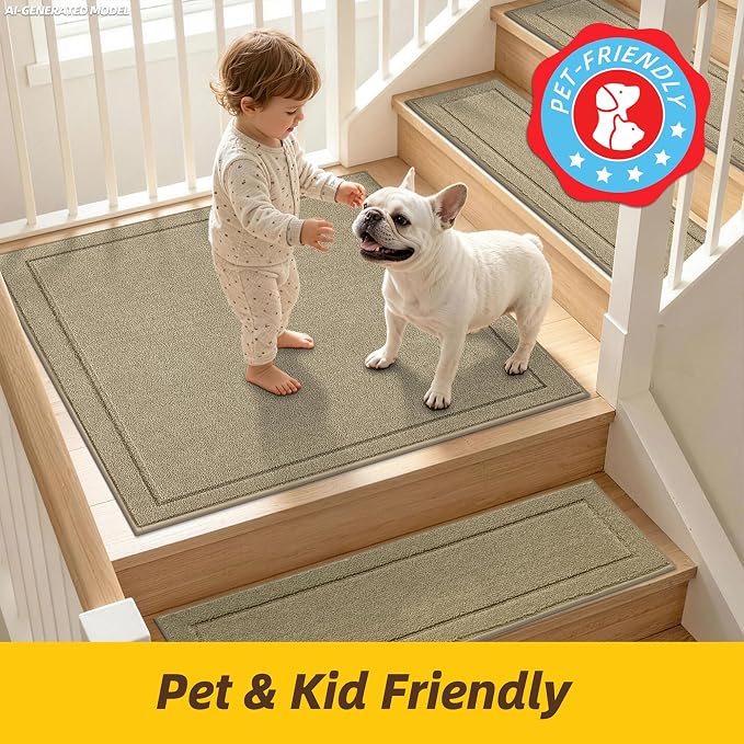JSEI Non-Slip Stair Landing Rug Mat, 1-Pack 30" X 30", Beige | Edging Stair Treads Corner Indoor Stair Runners for Wooden Steps for Kids and Dogs, 100% Polyester, TPE Backing