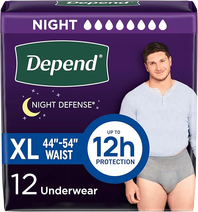 Depend Night Defense Adult Diapers, Incontinence Underwear for Men, Disposable, Overnight, Extra-Large, Grey, 12 Count, Packaging May Vary