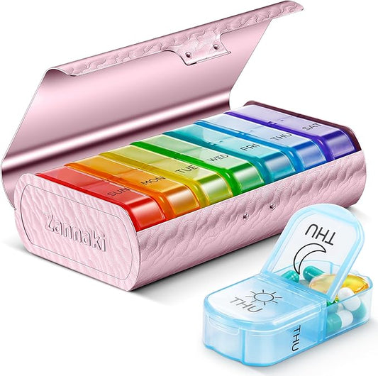 Zannaki Metal XL Weekly Pill Organizer 2 Times a Day, Large Travel Daily Pill Box 7 Day, Portable Week Twice Pill Holder Container, AM PM Pill Case for Medicine Vitamin Medication Supplement, Pink