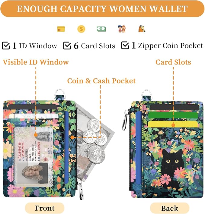 Hancynir Black Cat Slim Wallet Women Credit Card Holder Wristlet RFID Small | Cute Keychain Lanyard Wallet, Travel Zipper Coin Pocket, Ladies Gifts Women, Minimalist Card Case, 6 Card Slots, PU Leather