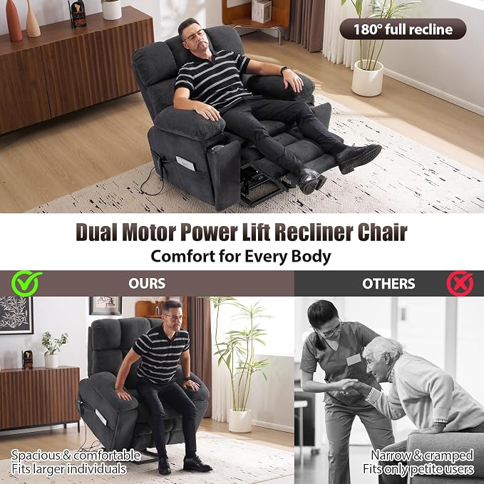 Power Lift Recliner Chair for Elderly, Dual Motor Oversized Recliner with Heat & Massage, Adjustable Headrest, Lay Flat Zero Gravity Recliner with Cup Holder, USB/Type-C Ports & Storage-Grey
