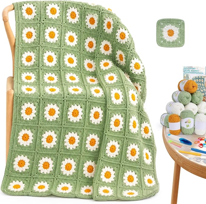 Coopay Crochet Kit for Beginners Adults, Large Granny Square Blanket Kit | Step-by-Step Guide Book & Video Tutorial, 1200g Anti-Pilling Yarn, Ideal Crochet Gift for Family & Beginners