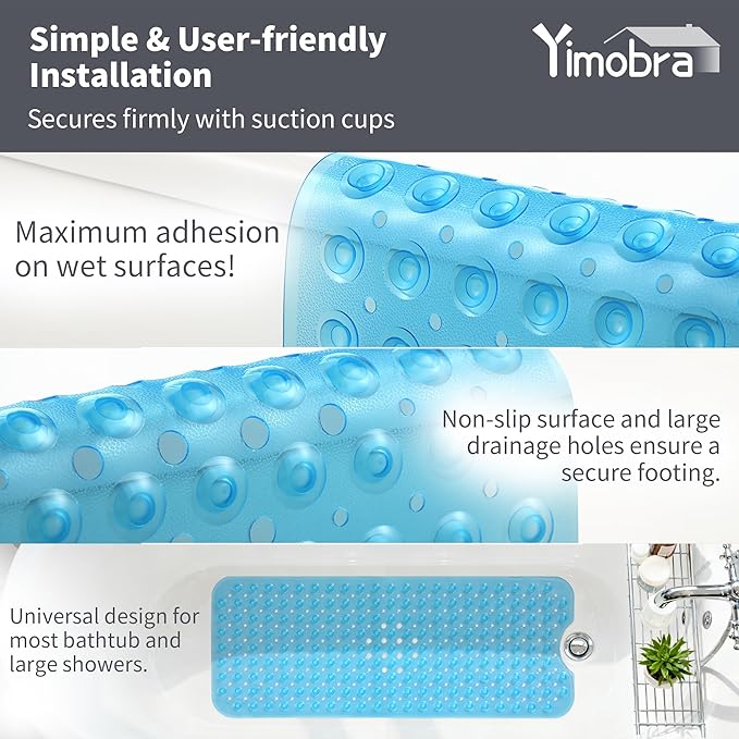Yimobra Non Slip Bathtub Mat 40 x 16 Inch, Extra Long Shower Mat with Drain Holes, Machine Washable Baby Bath Mats, Strong Suction Cups for Bathroom Floor, Clear Blue