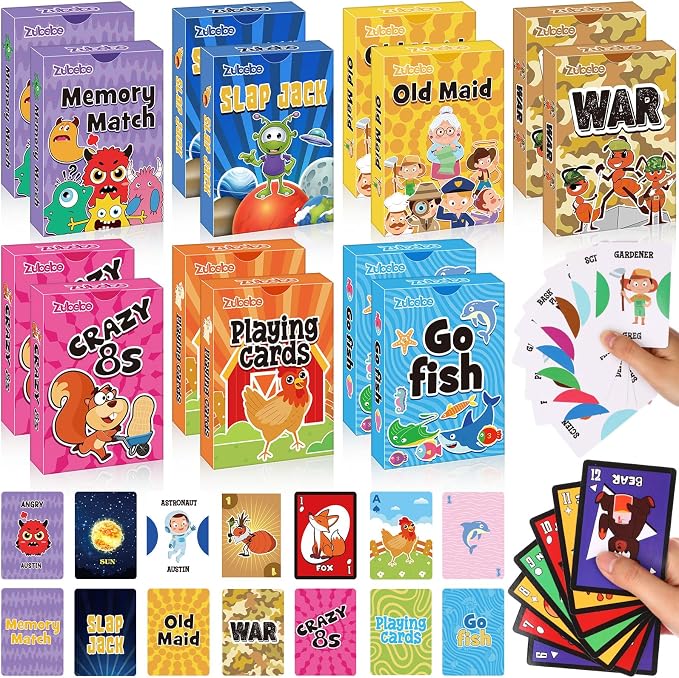 Zubebe 42 Pack Kids Card Games Gifts Bulk Classic Playing Card Game Set for Kids Includes Go Fish, Old Maid, Crazy Eights, Memory Match, Slap Jack, Playing Toy for Party Favors (Vivid)