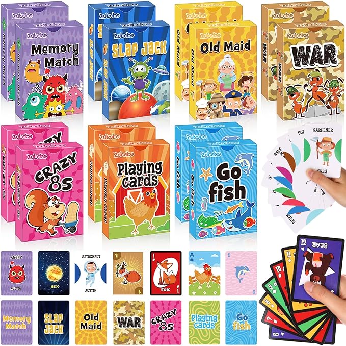 Zubebe 14 Pack Kids Card Games Gifts Bulk Classic Playing Card Game Set for Kids Includes Go Fish, Old Maid, Crazy Eights, Memory Match, Slap Jack, Playing Toy for Party Favors (Vivid)