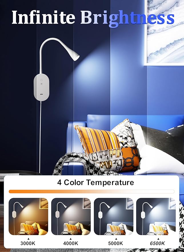 Wall Reading Light for Bed, Book Light with CRI 95+ for Eye Care, 4 Color Modes, 5 Dimmable, 2A USB Output, Memory Function, 4-Hour Auto Off, 360° Swivel Head Bed Headboard Reading Lamp White
