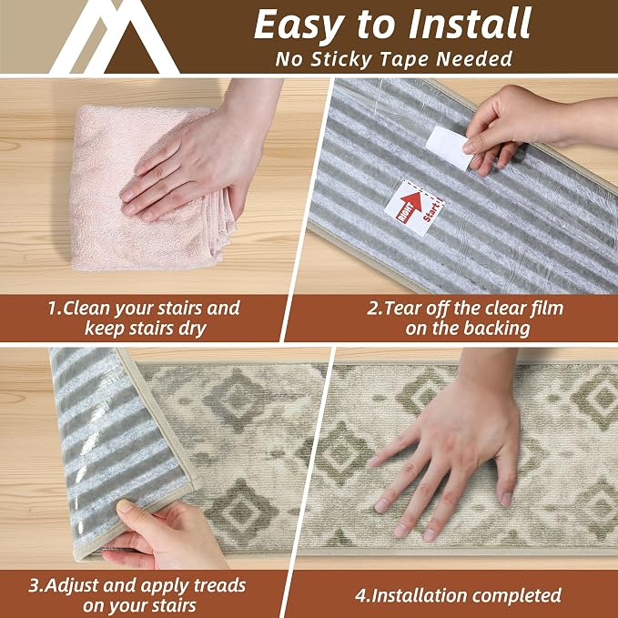 COSY HOMEER Stair Treads for Wooden Steps Indoor with TPE Backing,15Pcs | Non-Slip Carpet Stair Treads, Soft Peel and Stick Stair Runners,Pet-Friendly Stair Runner Washable Reusable,Meadow