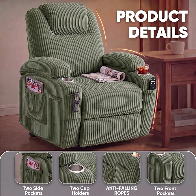 Flamaker Power Lift Chair Massage Recliner Chairs for Elderly | Ergonomic Lift Recliner Design with Cup Holders & Side Pockets, Remote Control (Corduroy, Green)