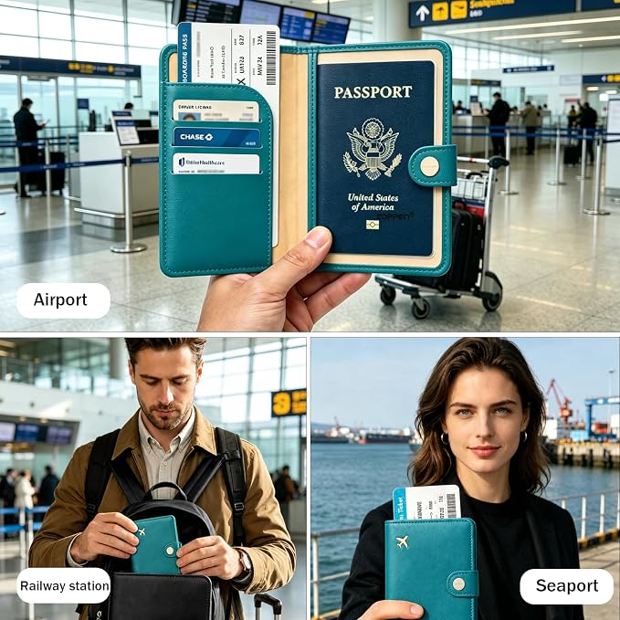 Passport Holder RFID Blocking Travel Wallet, Tea Green | Passport Cover with Multiple Card Slots, Water-Resistant & Easy-Carry, Must-Have Travel Accessory for Men & Women.