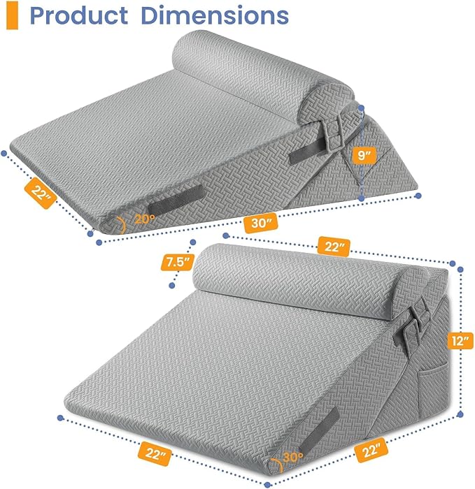Sasttie Wedge Pillow Set for After Surgery, 2PCS Adjustable Bed Wedge Pillow Headboard with Memory Foam Neck Cushion – for Acid Reflux, Sleeping, Neck & Back Support, Dark Grey