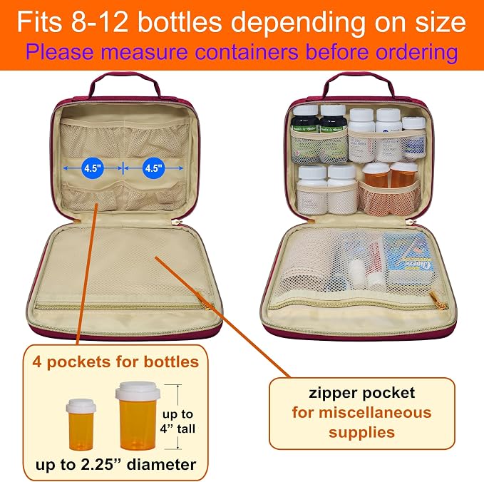Medium Pill Bottle Organizer, Medicine Bag, Case, Carrier for Medications, Vitamins, and Medical Supplies - Travel Medicine Organizer Home Storage Med Bag - Ultrasonic Red Wine (No Lock)