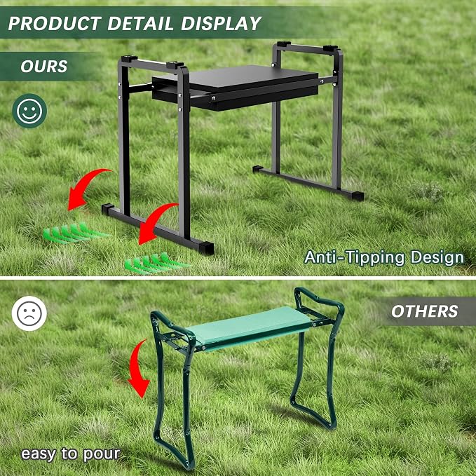 Garden Kneeler and Seat, 10.2" Stable and Save Anti-Tipping with Handle | Multifunctional Gardening Stool for Seniors Kneeler Bench, Gardening Gifts for Women, Seniors Grandparents, Black